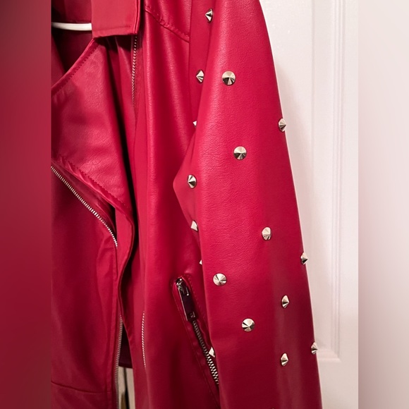 Leather Spike Studded Red Leather Jacket - Picture 7 of 10